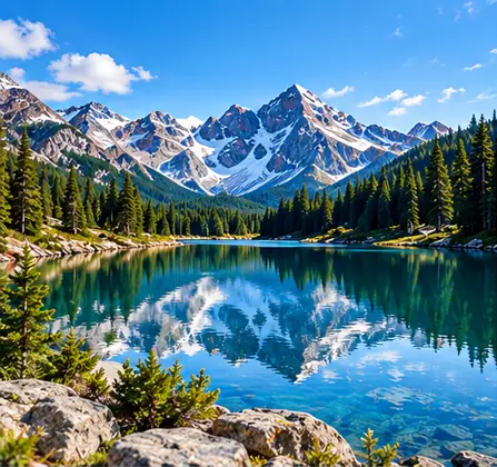 Alpine lake and snowy mountains