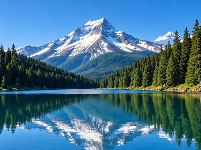 Snow-covered alpine mountain reflected in a forest lake